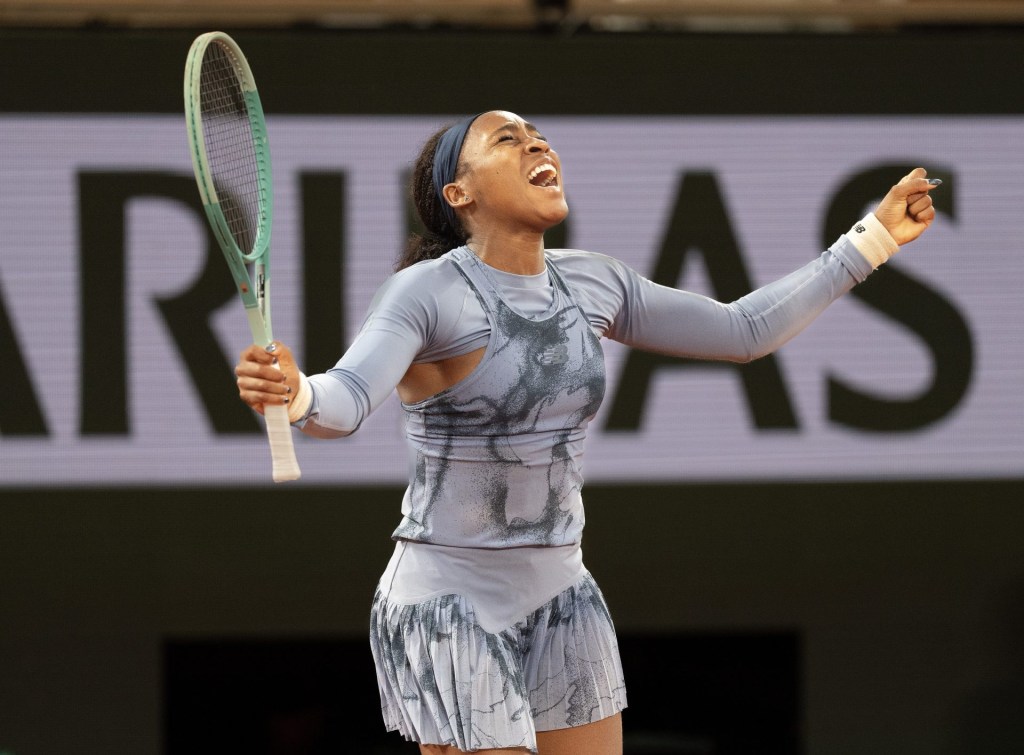 Jun 4, 2025; Paris, FR; Coco Gauff of the United States celebrates winning her match against Madison Keys of the United States on day 11 at Roland Garros Stadium.